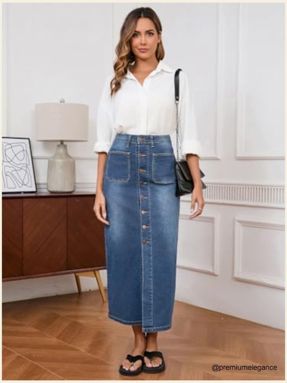 High Waist Stretch Midi Denim Jean Skirt with Pockets - Picture 5 of 5
